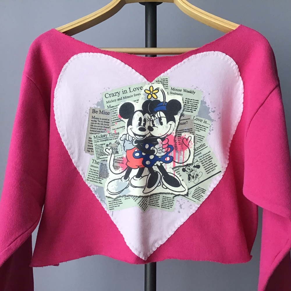 Pink Handmade Upcycled cropped sweatshirt hand sewn heart Mickey & Minnie Mouse